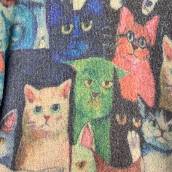 Women Colorful Cat All Over Print Wool Blend Fuzzy Knit Sweater Crewneck Multi - Picture 5 of 7